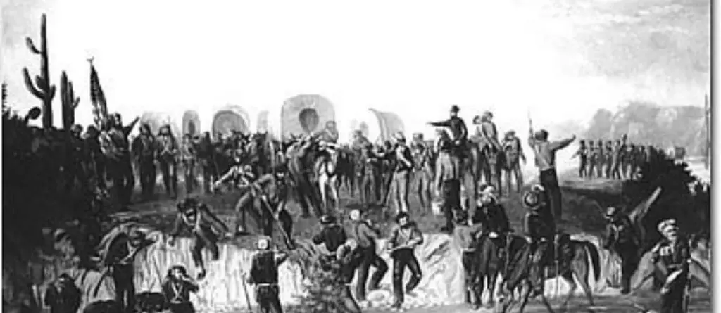 描繪摩門教營抵達亞利桑那州希拉河的繪畫。