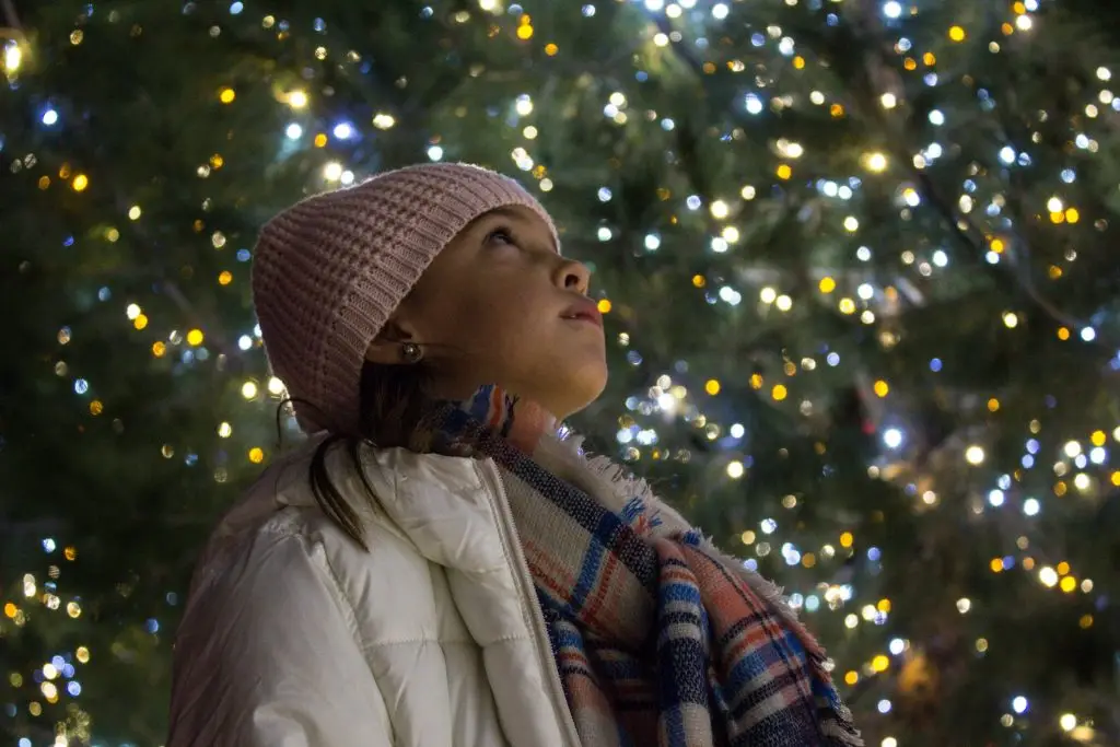 在梅萨神庙,一个戴着无檐小便帽和围巾的小女孩抬头看着头顶圣诞树上的圣诞彩灯。