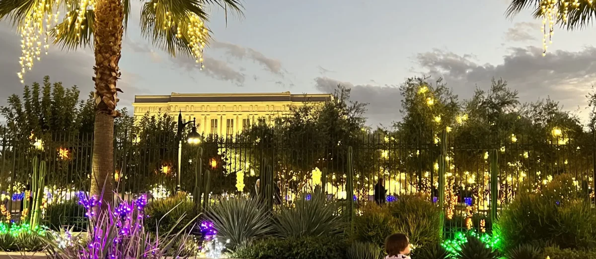 一名儿童在梅萨神庙观看圣诞灯。